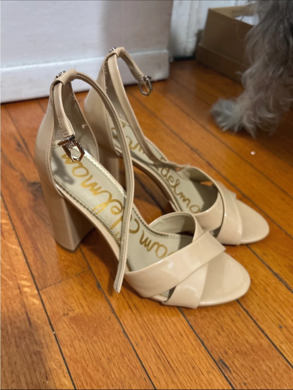 Sam Edelman Beige Patent Block Heel Sandals with Ankle Strap